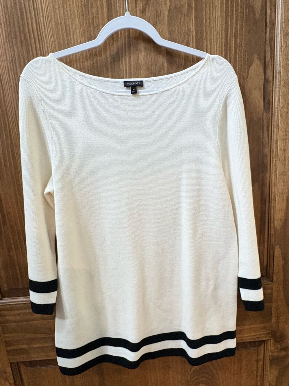 Talbots Cream Long Sleeve scoop neck Sweater with Black Stripe Accents.